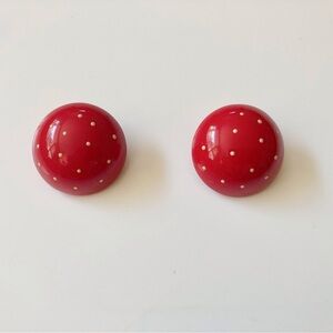 Vintage 80s red polka dot round dome metal clip on statement earrings